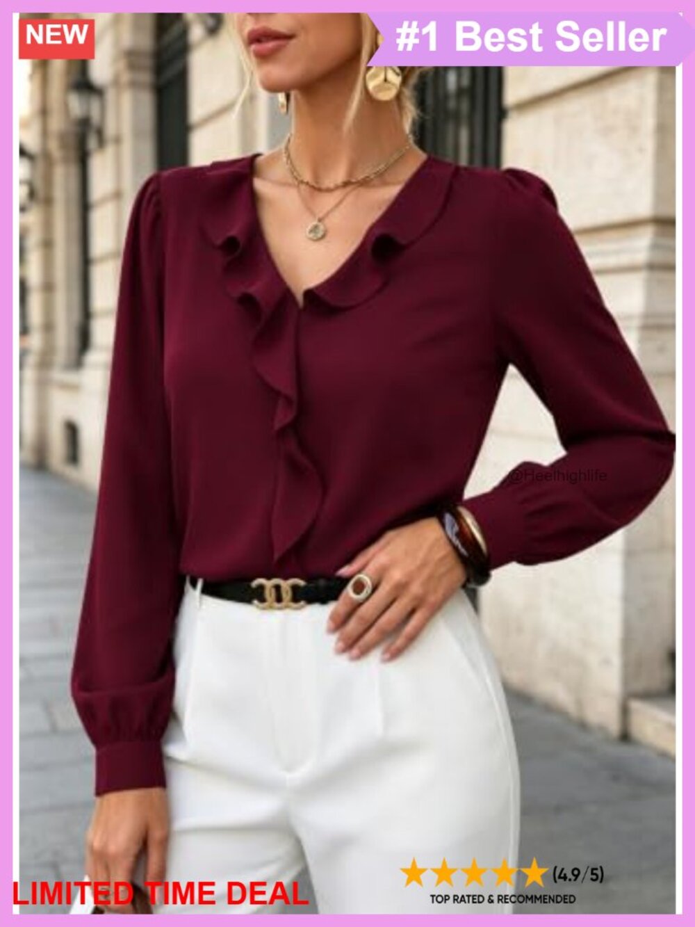 Ruffle V Neck Long Sleeve Blouse Button Down Shirt Dressy Casual Office Top - Picture 2 of 5